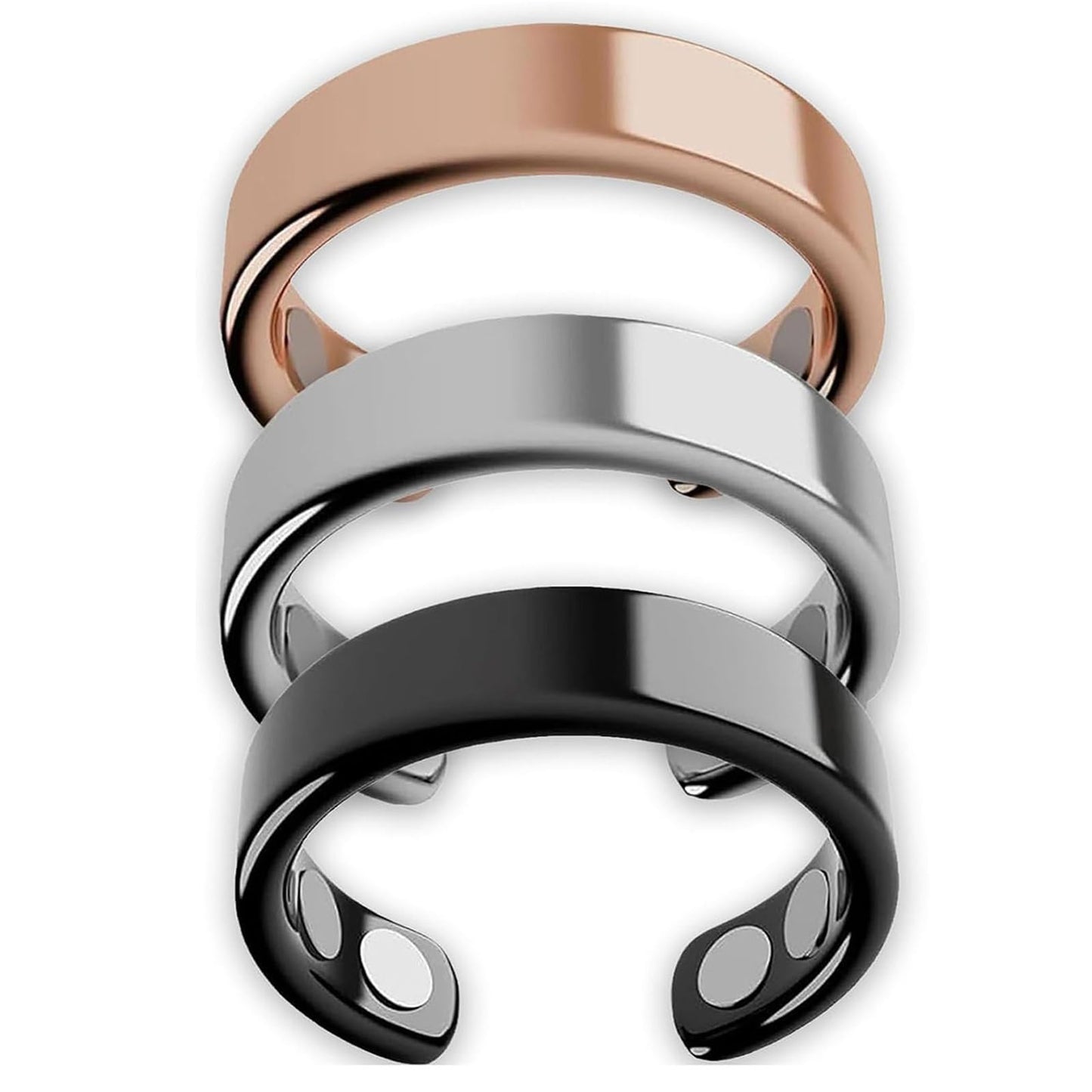 IENRGJ Magnetic Rings for Women/Man, Vayro Ring, Adjustable Stainless Steel Rings, Classic Open Design Black/Silver/Rose Gold/Gold (3pcs)
