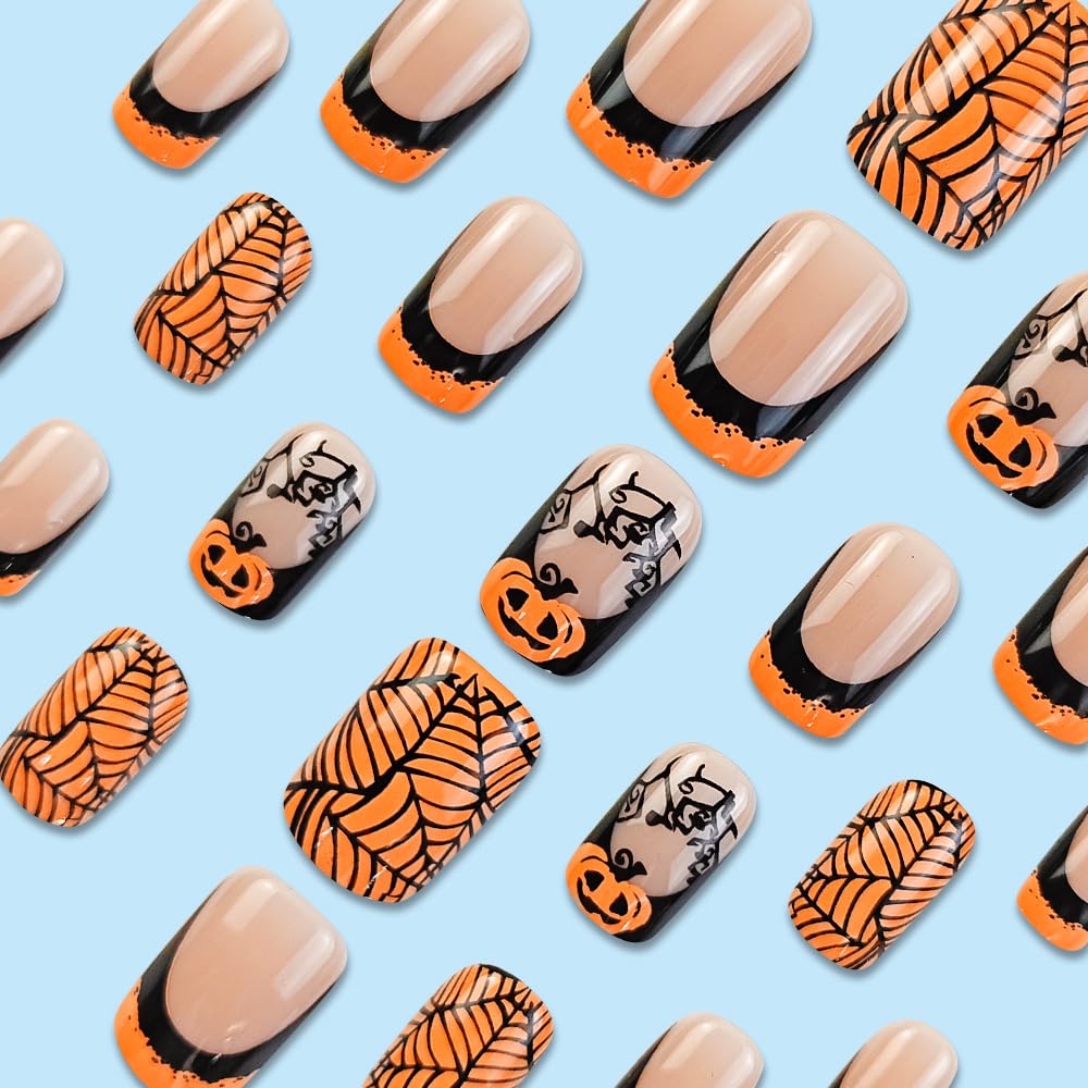 24PCs French Press on Nails with Cobweb & Pumpkin Designs - Fake Nails in Yellow, Medium Square Size, Natural Glue, For Women & Girls