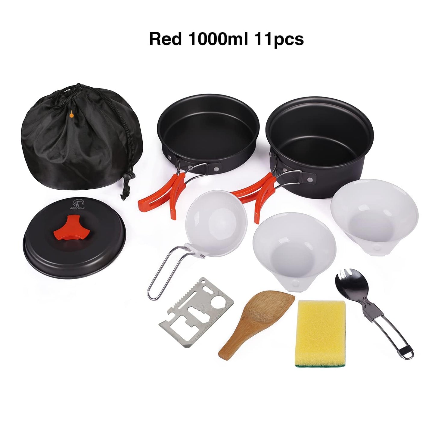 REDCAMP 10 PCS Camping Cookware Mess Kit Camping Gear Campfire Utensils Lightweight Stackable Pot Pan Bowls Soup Spoon with Storage Bag for Camping, Backpacking, Outdoor Cooking and Picnic, Orange