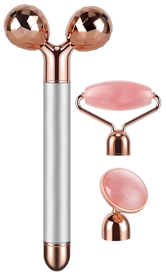 DANGSHAN 3-in-1 Electric Jade Roller 3D Roller Facial Roller & Face Massager, Rose Quartz