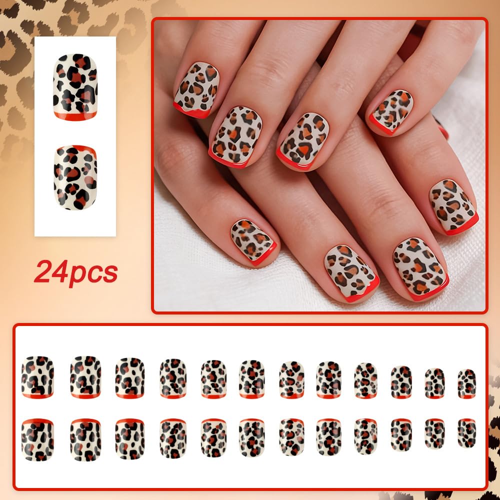 plalely Square Press on Nails Short Brown Fake Nail Leopard Style Acrylic Nail Press ons Stick on Nails for Women 24pcs