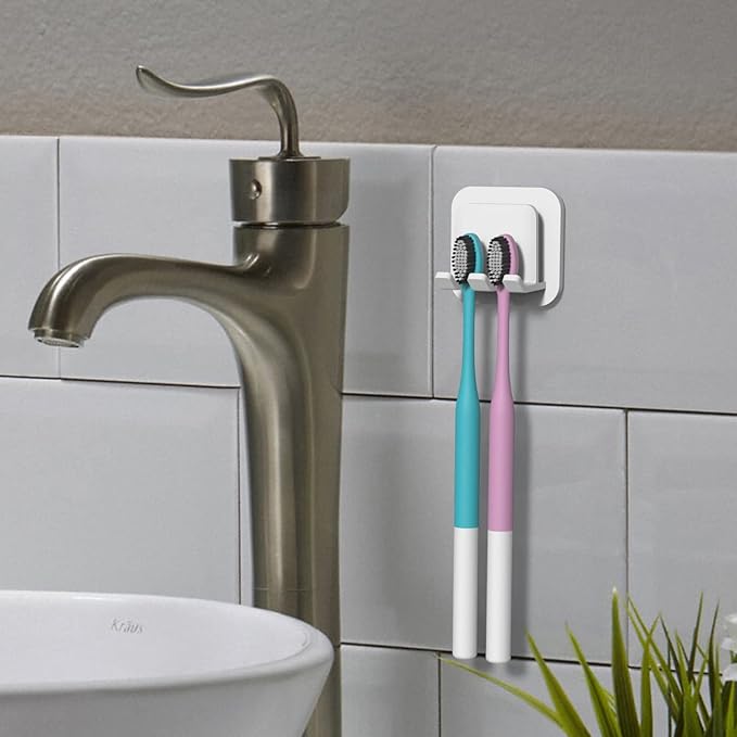 2 PCS Self-Adhesive Toothbrush Holders Wall Mounted, Water Proof Toothbrush Hook, 2 in 1 with Toothbrush Hanger and Gargle Cup Holder for Bathroom Shower (White)