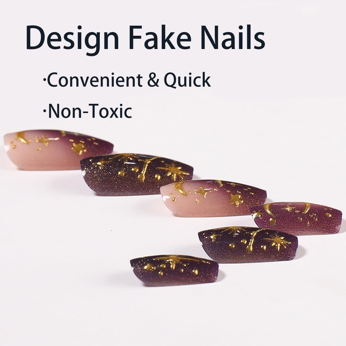 Purple Star Sky Press on Nails Medium Square Fake Nails Gold Stars Moon False Nails Purple Gradient Acrylic Nails for Women Manicure Decoration 24Pcs