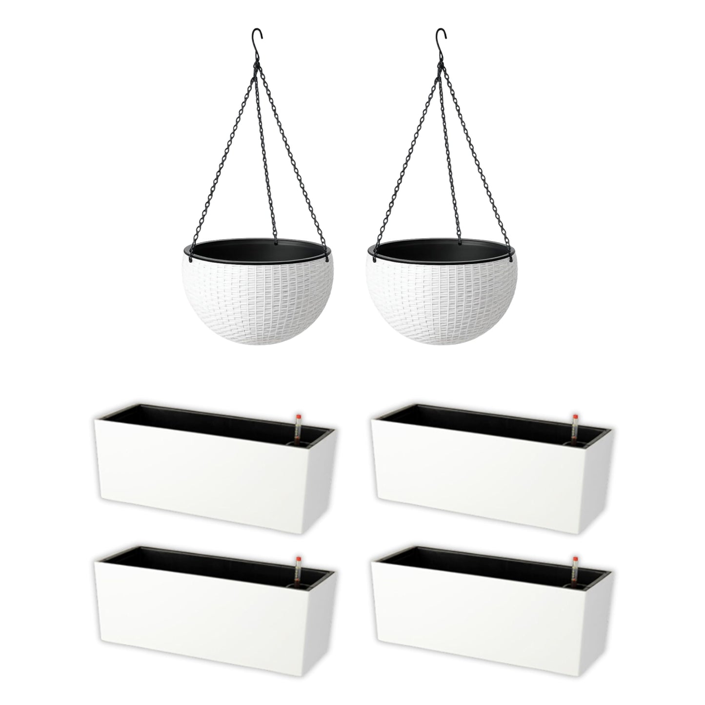 LaLaGreen Bundle- 4 Pack, 14 Inch Rectangular Self Watering Planter + 2 Pack, 11 Inch Round Self Watering Basket Rattan Style Balcony Flower Pot Window Wall Mount Plants Boxes Modern Home Garden Decor