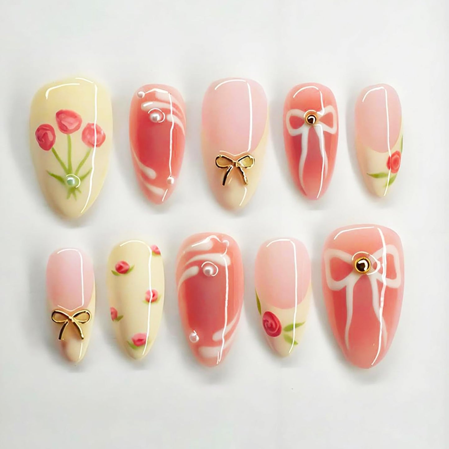 24Pcs Spring Press on Nails Medium Almond Fake Nails with 3D Bow Designs Rose Flower False Nails Reusable Bow Acrylic Nails Floral French Tip Full Cover Stick on Nails for Women