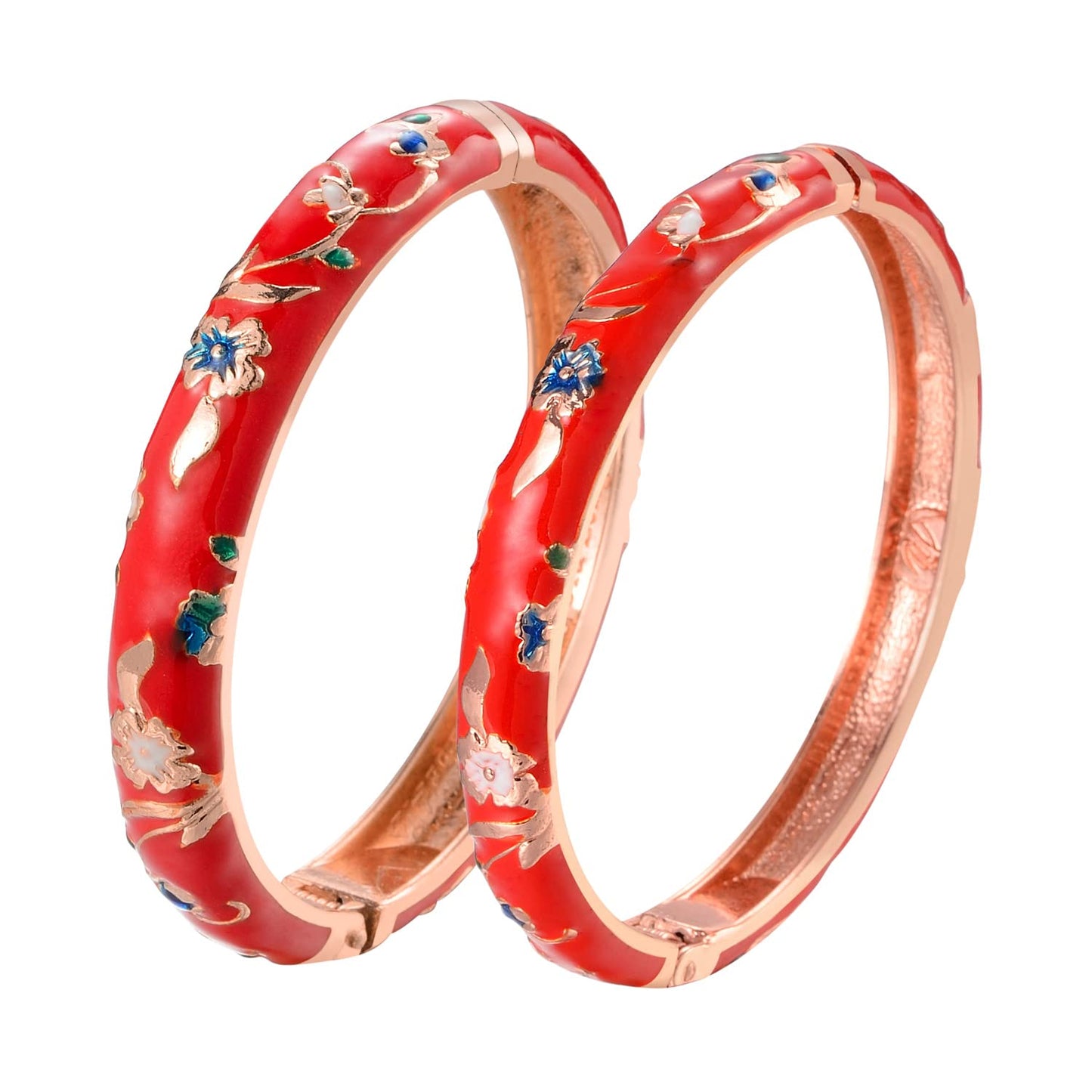 UJOY Indian Jewelry for Women Rose Enameled Flower Bracelets Set Cloisonne Cuff Bangle 55A111-55B31 red
