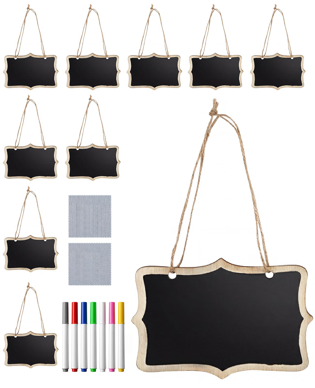 DAWZMR 10 PCS Large 5.9×9 inche Hanging Chalkboard Signs, Double Sided Erasable Message Board with 10 PCS Long Hanging String & 7 PCS Color Pen & 2 PCS Cleaning Cloth for Partys