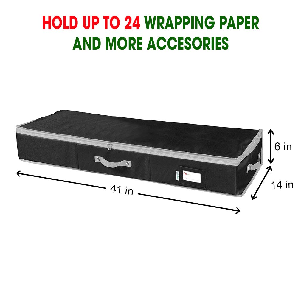 Primode Wrapping Paper Storage Container | Gift Wrap Organizer Under Bed | 41”x14”x6” | Box Holder for 18-24 Rolls Up to 40” | 600D Oxford Material | Pockets for Ribbon, Bows, and Accessories (Black)