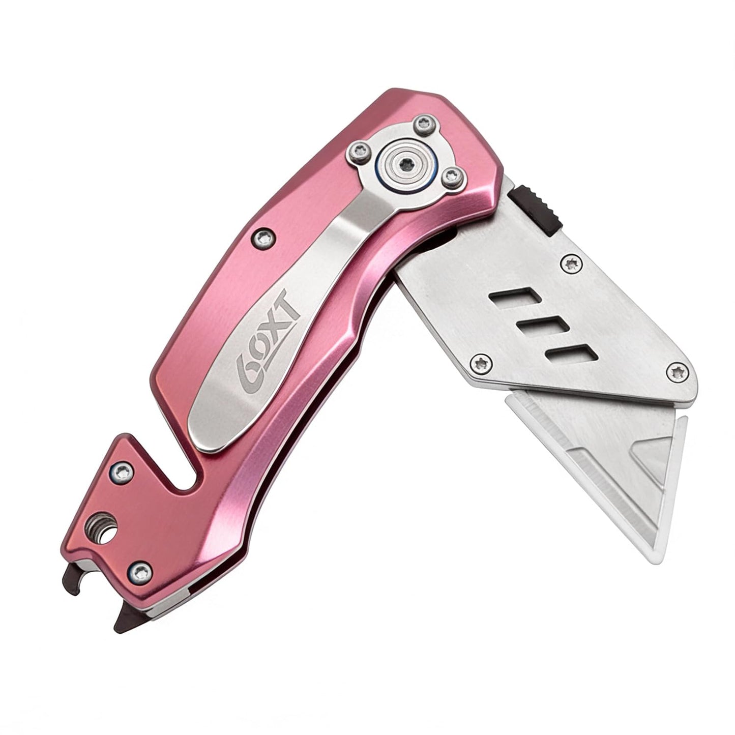 Utility Knife Folding Safety Lock Quick Change with 10 Extra SK5 Replacement Blade Lightweight Aluminum Handle & Pocket Clip Multi-Use Box Cutter Office Home Art Diy Great Gift Choice (UPG.V.Pink)