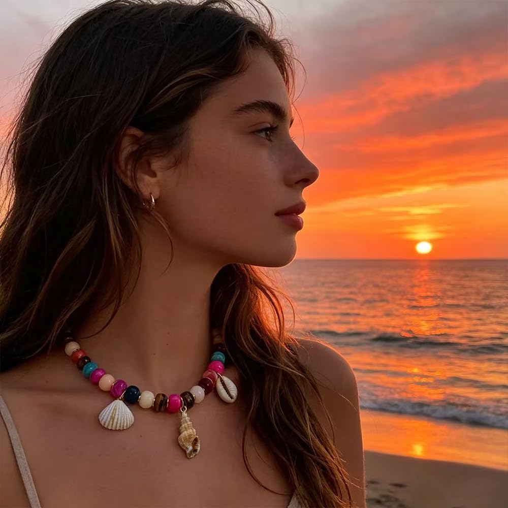 ROYNRAU Chunky Colorful Beaded Necklace for Women-Unique Resin Beads Starfish Shell Charms Pendant Choker Necklaces Boho Statement Summer Vacation Beach Jewelry (Conch-Sharp)