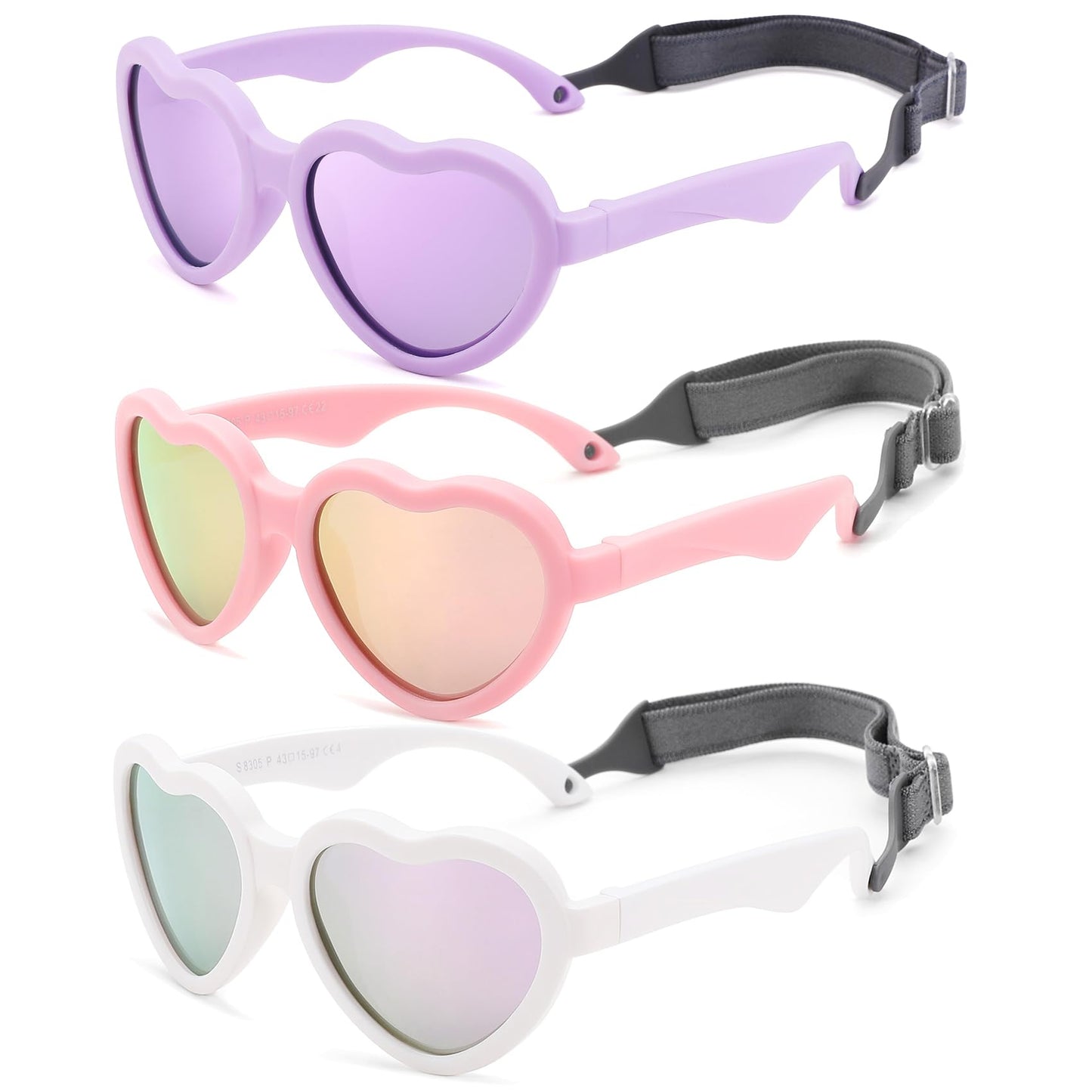 COASION Baby's First Sunglasses with Strap, 3 Pack Unbreakable Polarized Newborn Infant Heart Sunglasses for Ages 0-24 Months (White/Purple Mirror+Pink/Pink Mirror+Purple/Purple Mirror)