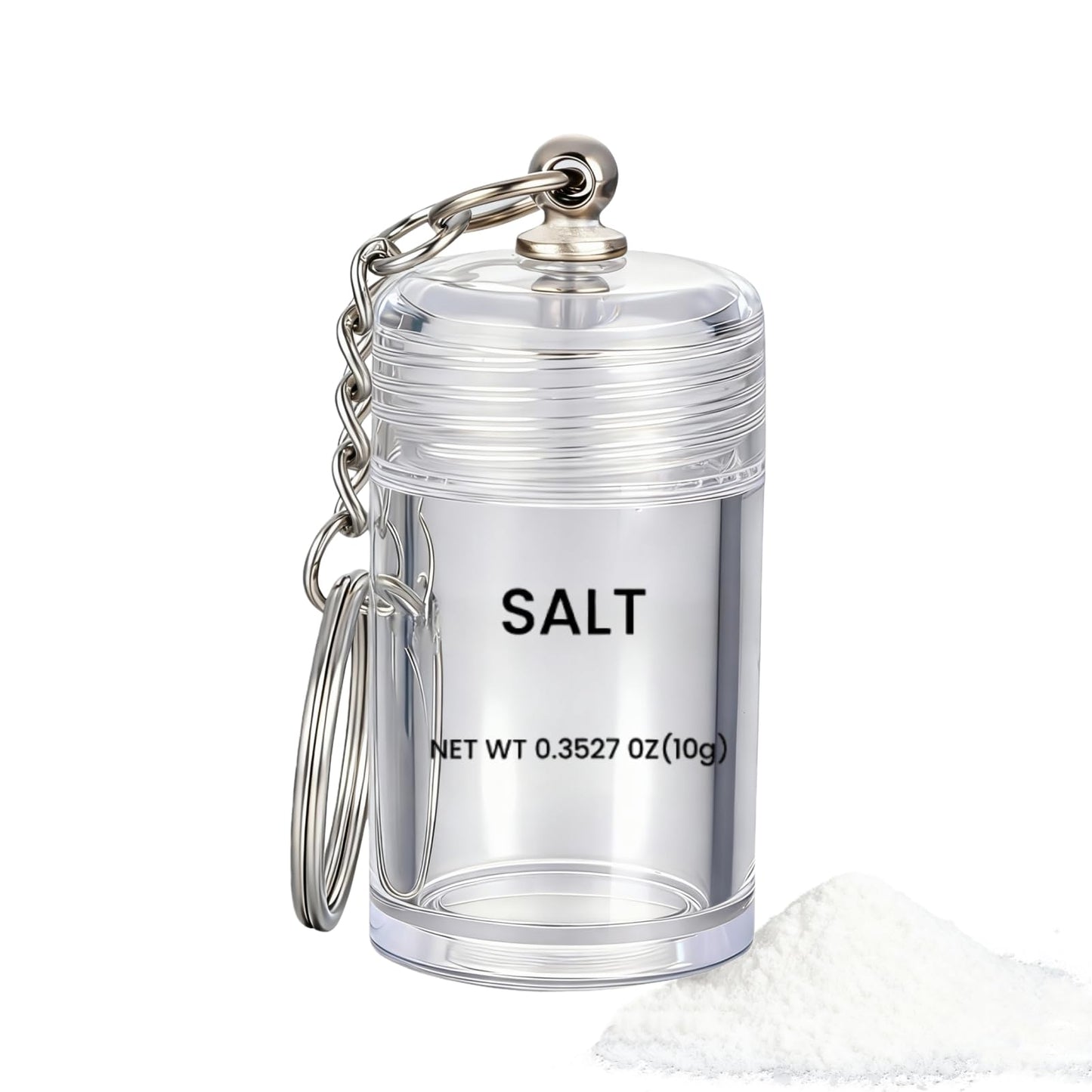 Mini Salt Keychain Bottle – Refillable AS Travel Salt Shaker – Portable Spice Jar with 2 Stickers – Small Key Chain Shaker for Camping, Office, Picnics, Lunchboxes
