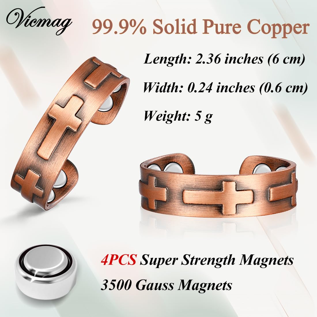 Vicmag Copper Magnetic Rings for Women 99.9% Copper Finger Ring Ultra Strength Magnet Gift Adjustable