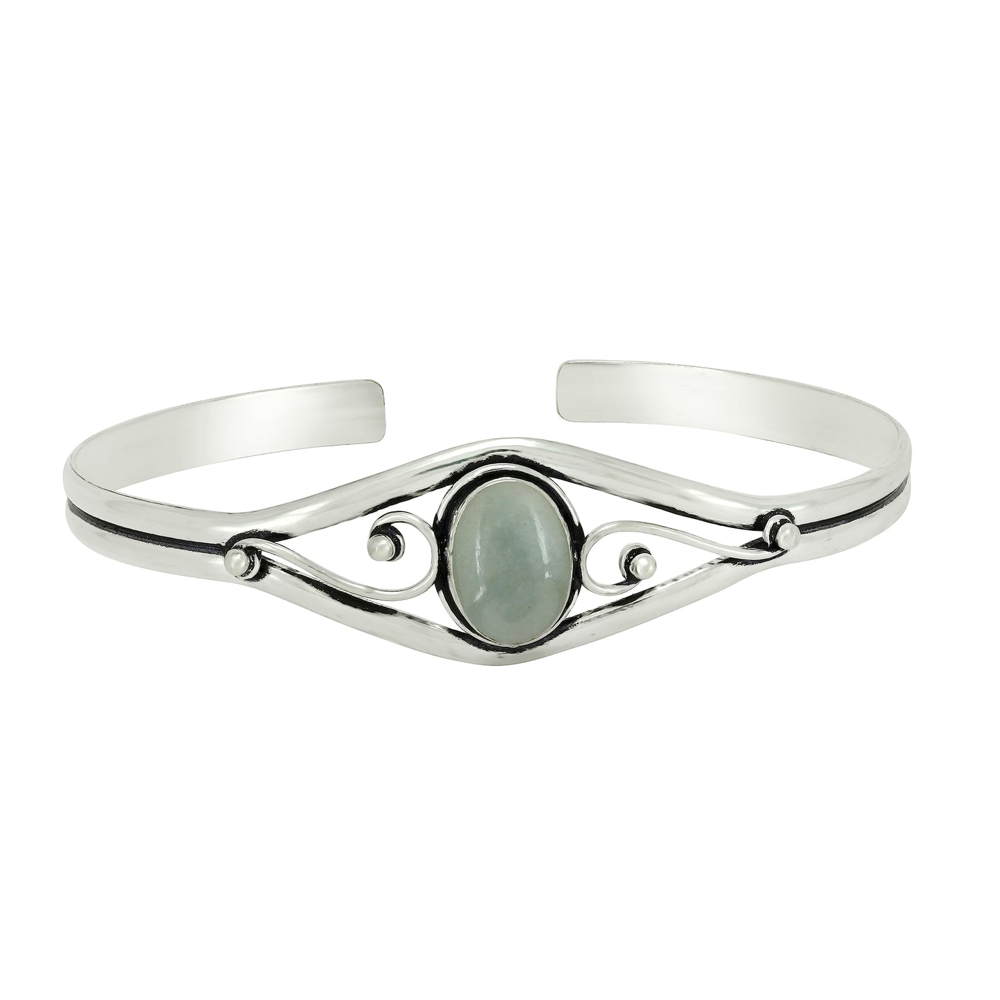 925 Silver Plated Natural Aquamarine Cuff Bangle Bracelet for Women – Handmade Open Bangle – Green Gemstone March Birthstone Statement Jewelry – Gift for Her