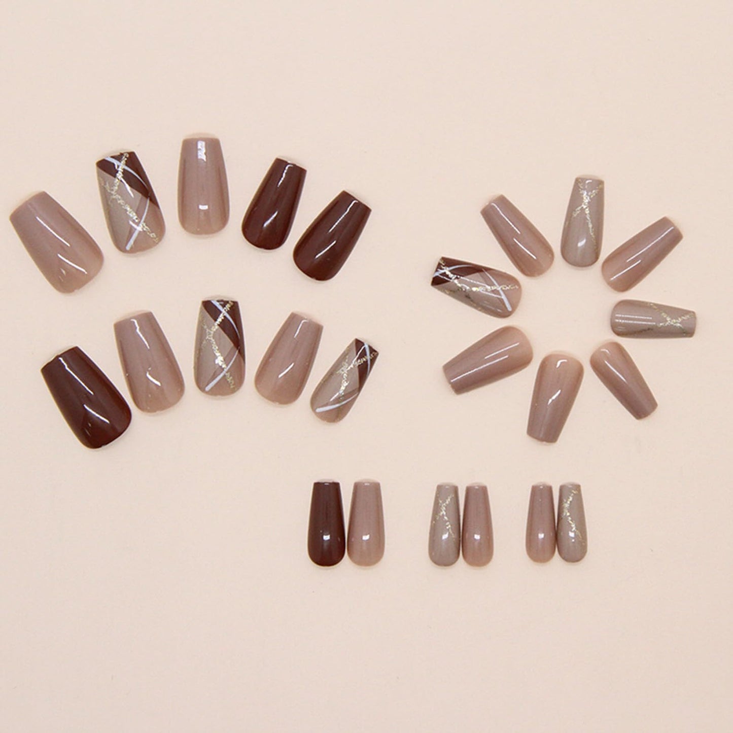 SINHOT Press on Nails - Medium Square Fake Nails, Glossy Finish, Gold Glitter & Brown, DIY Artificial False Nail Art - 24 Pcs Nail Kit with Glue