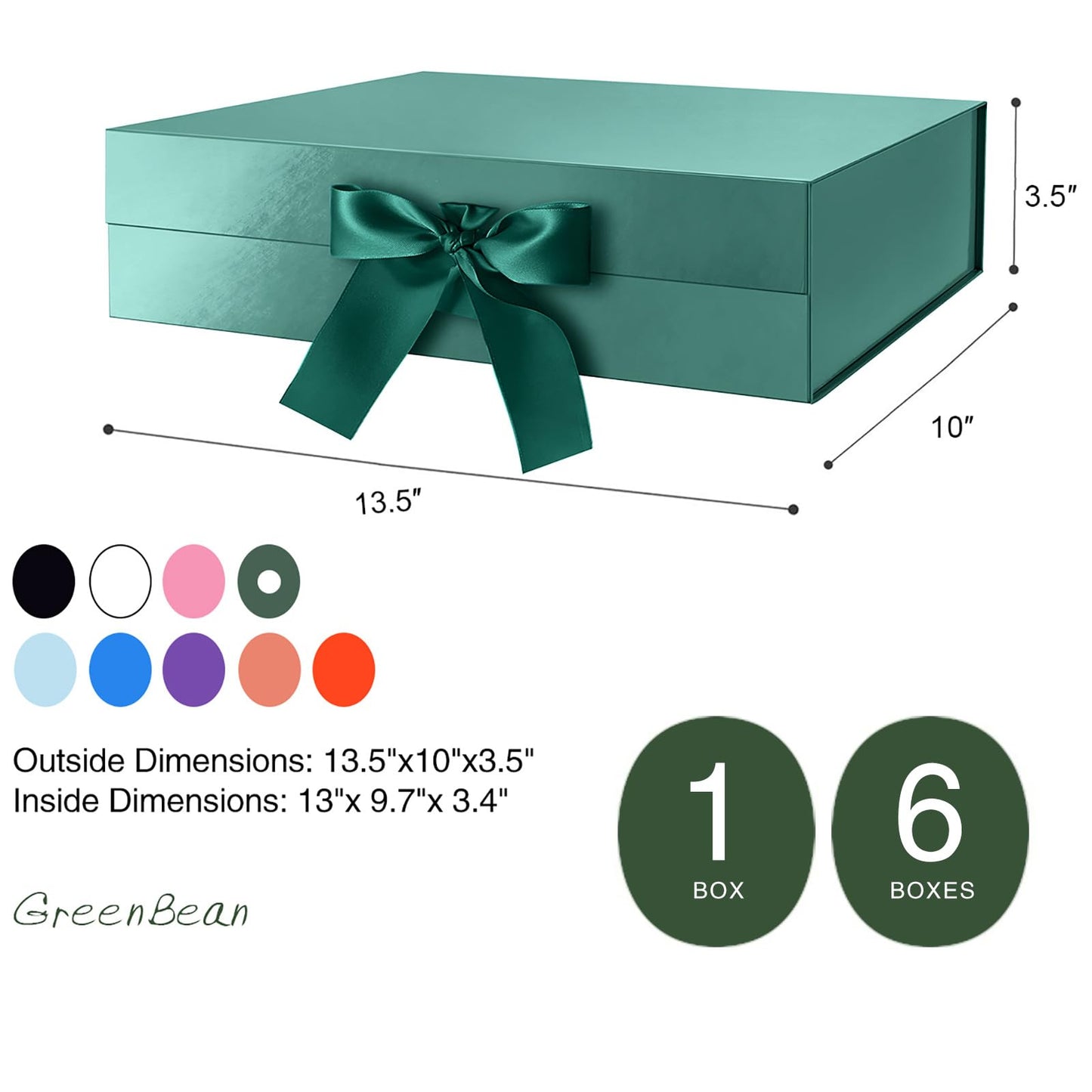 GREEN BEAN Large Gift Box with Lid for Present 13x9.7x3.4 Inches, Green Magnetic Gift Box with Ribbon, Bridesmaid Proposal Box (Glossy Green)