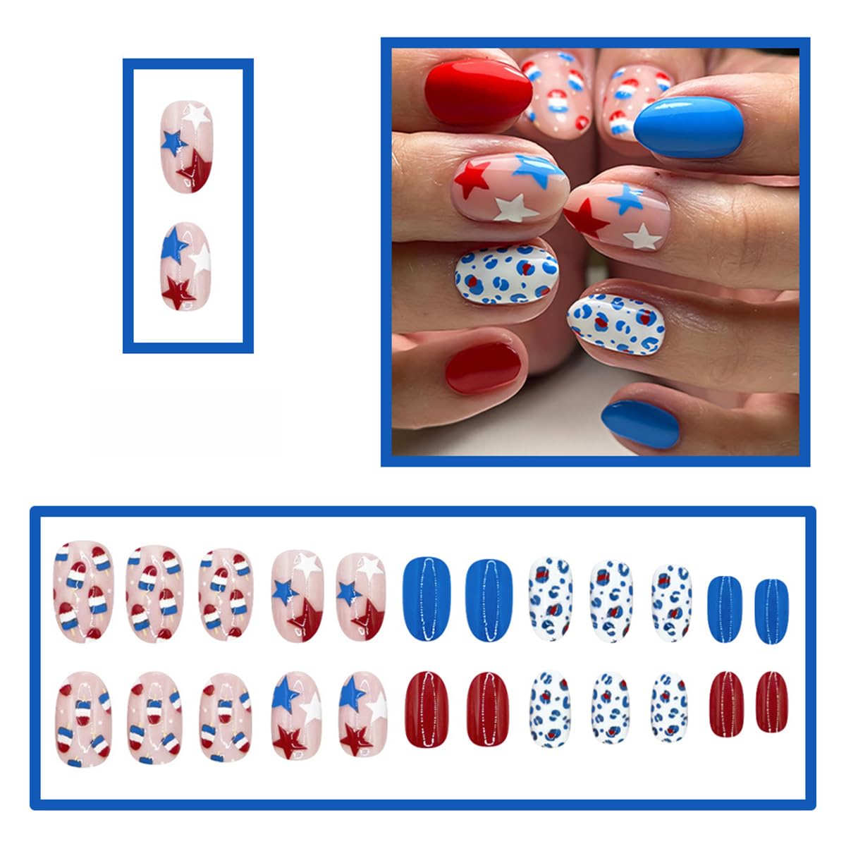 24 Pcs Independence Day Press on Nails Short Almond WLGDLH July 4th Fake Nails, Blue Red False Nails with Star Leopard Print Design, Short Oval Glue on Nails for Women Manicure, Glossy Finish