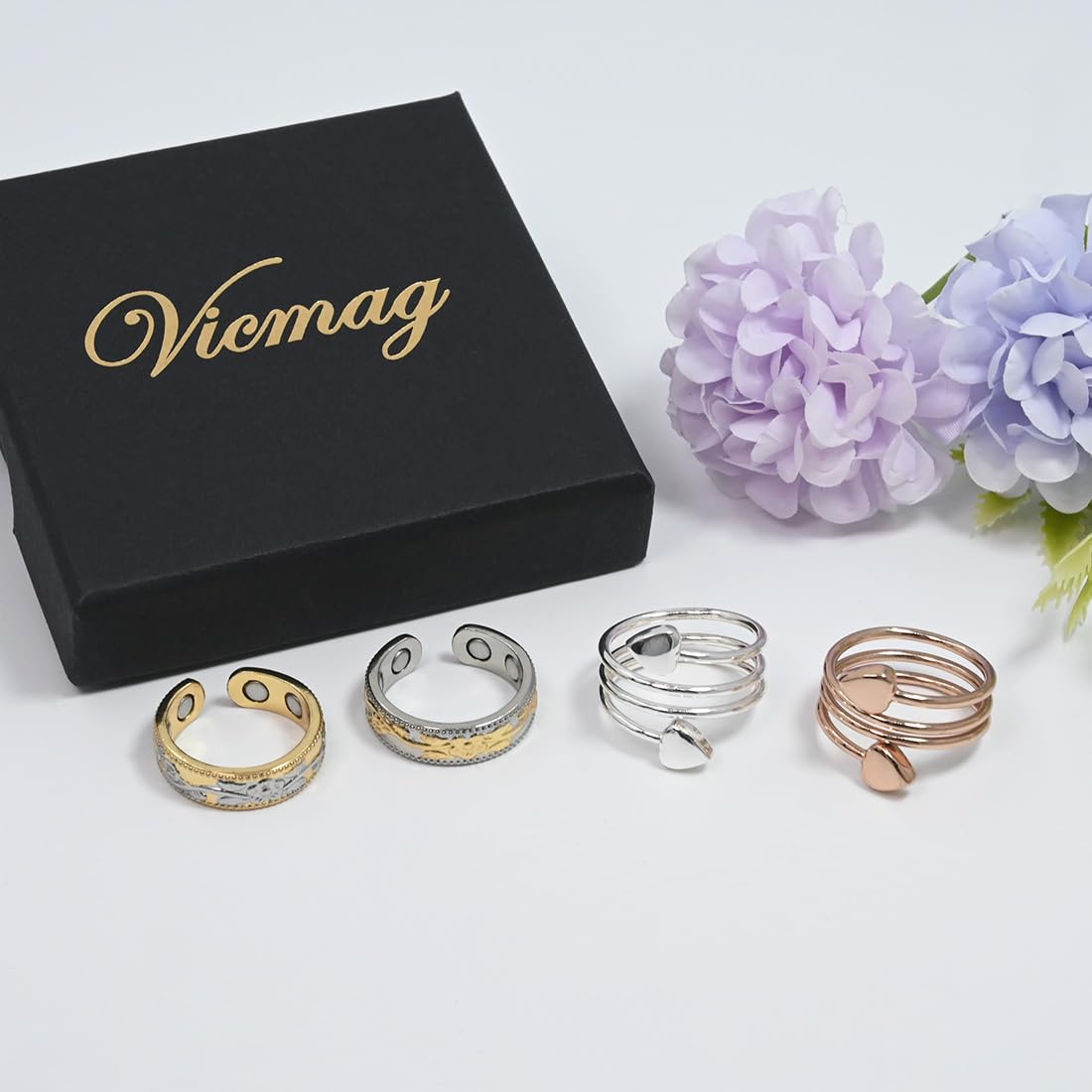 Vicmag Copper Magnetic Ring for Women, Magnetic Rings Ladies Fingers Thumb 100% Solid Pure Copper Jewelry Gift Adjustable(4PCS Love Heart+Flower)