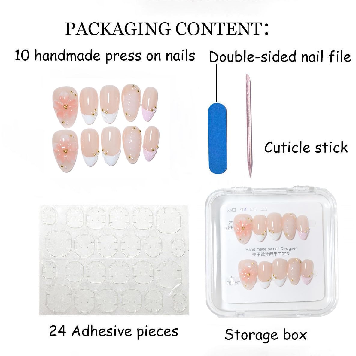 10 Pcs Short Almond Handmade Press On Nails | 3D Pink Floral & French Tip, Pink Swirl & Gold Dot Accents| Skip Salon Trips, Easy to Apply & Remove, Reusable (RR09, XS)