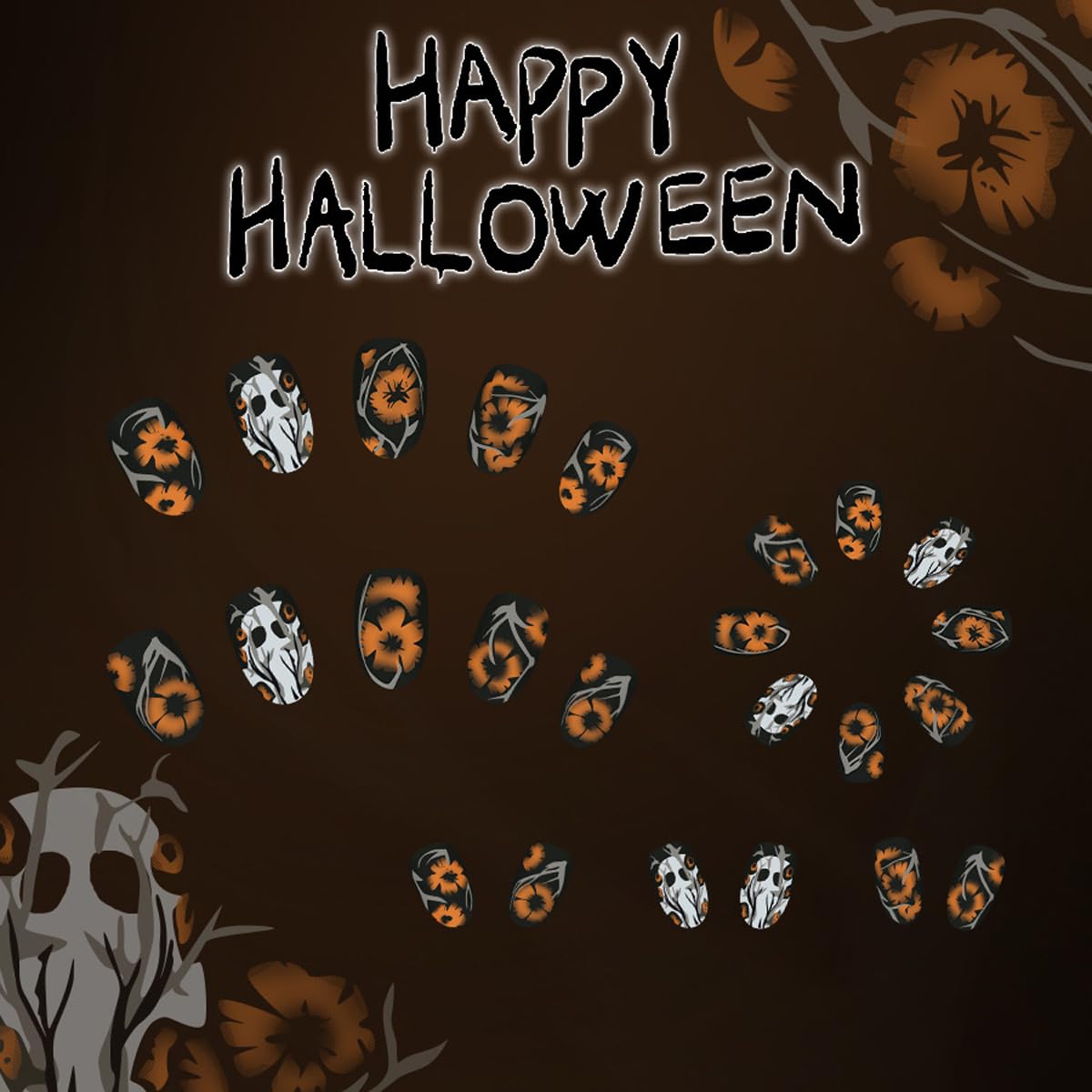 Fall Halloween Press on Nails Short Almond Fake Nails Black Matte Nails Press ons with Ghost & Flower Design-Reusable Artificial Nails Full Cover Glue on Nails Stick on Nails for Women Manicure 24 Pcs