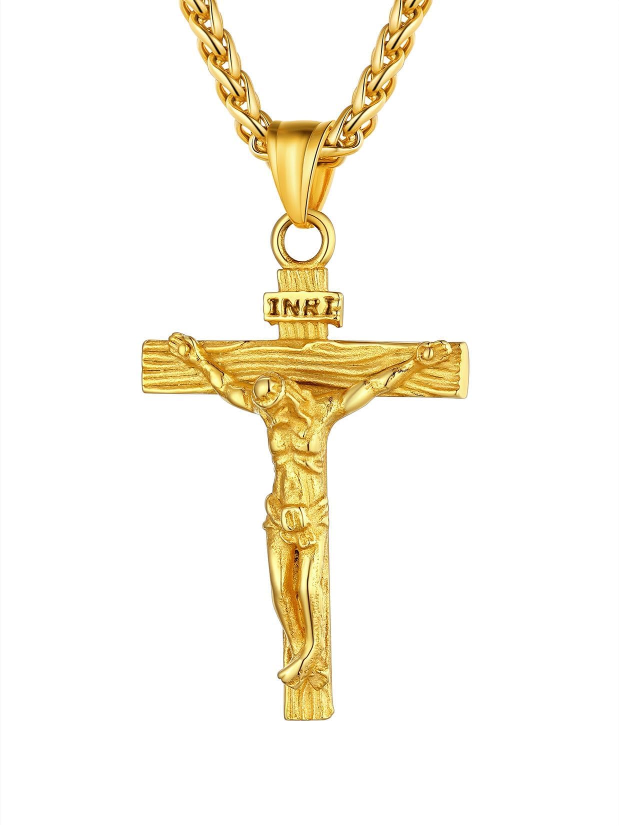U7 Crucifix Cross Necklace 18K Gold Plated Crucifix Necklace Gold Cross Pendant for Men with Rope Chain 22"