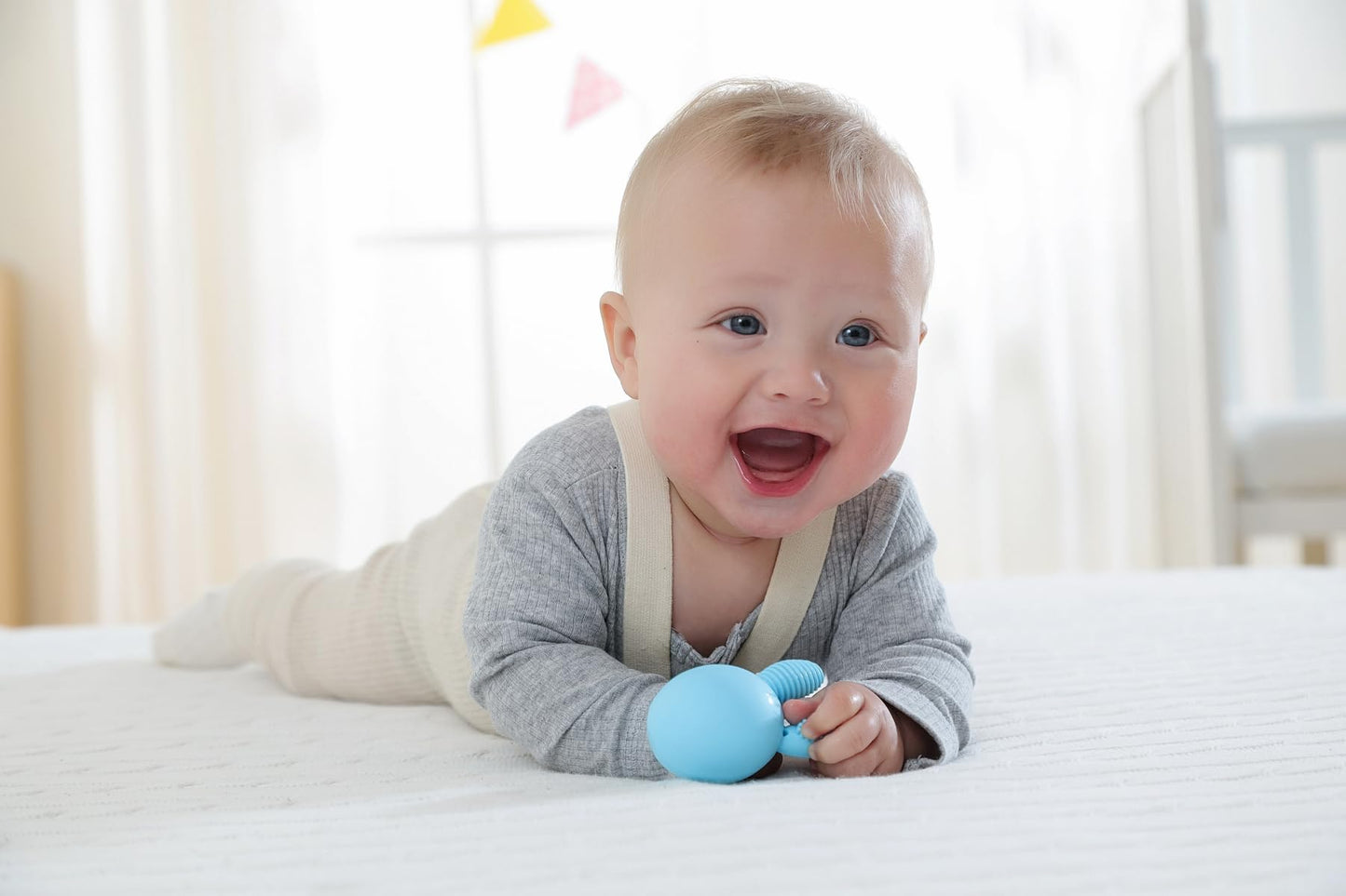 Bunny Eggy Teether Baby Teething Toy Rabbit Egg Rattle Toy Teething Pain Relief for Babies Boys Girls - Blue