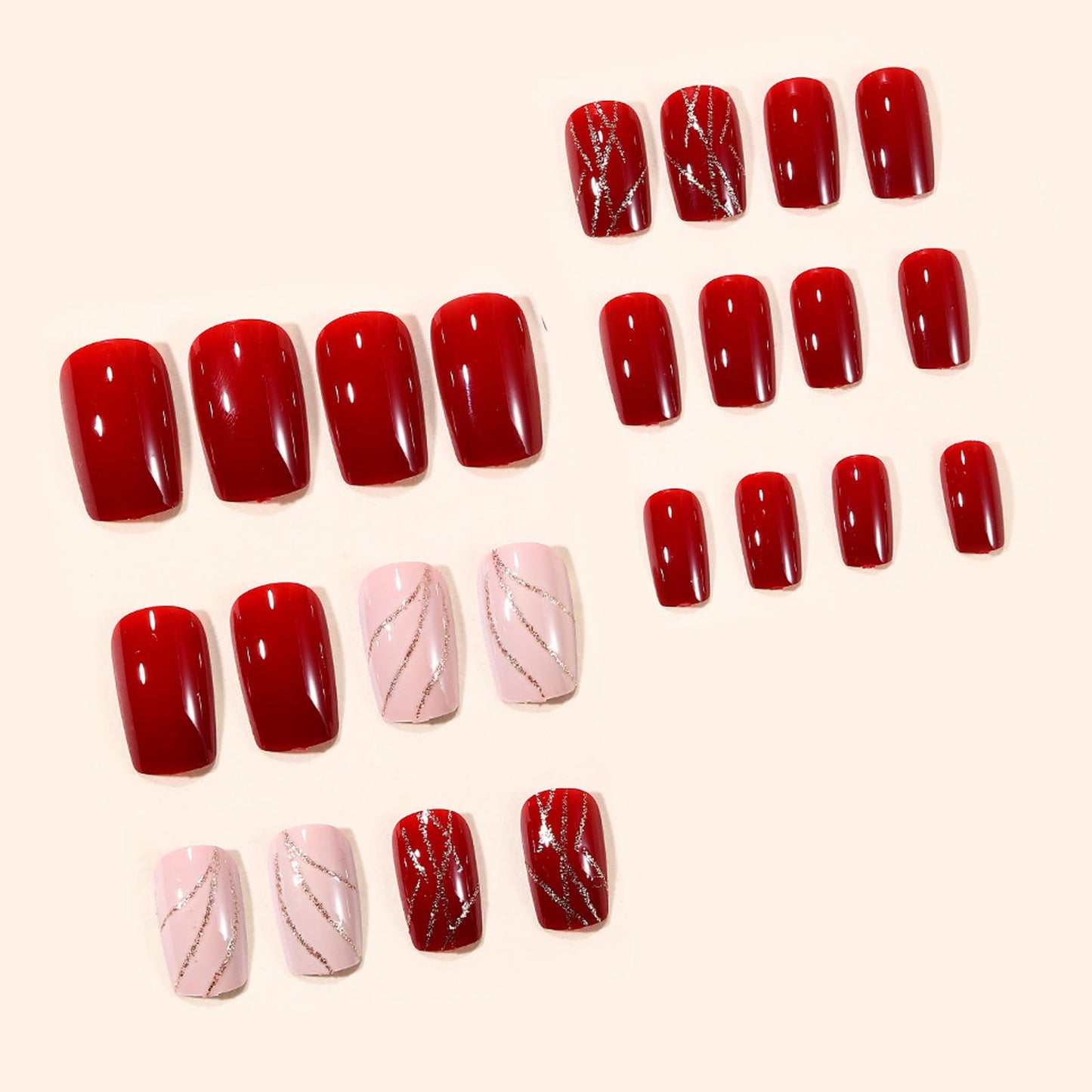 IMRAIN Red Press on Nails Short Square Fake Nails Glossy Acrylic False Nails Full Cover Gel Glue on Nails New Year Nail Kits 24Pcs