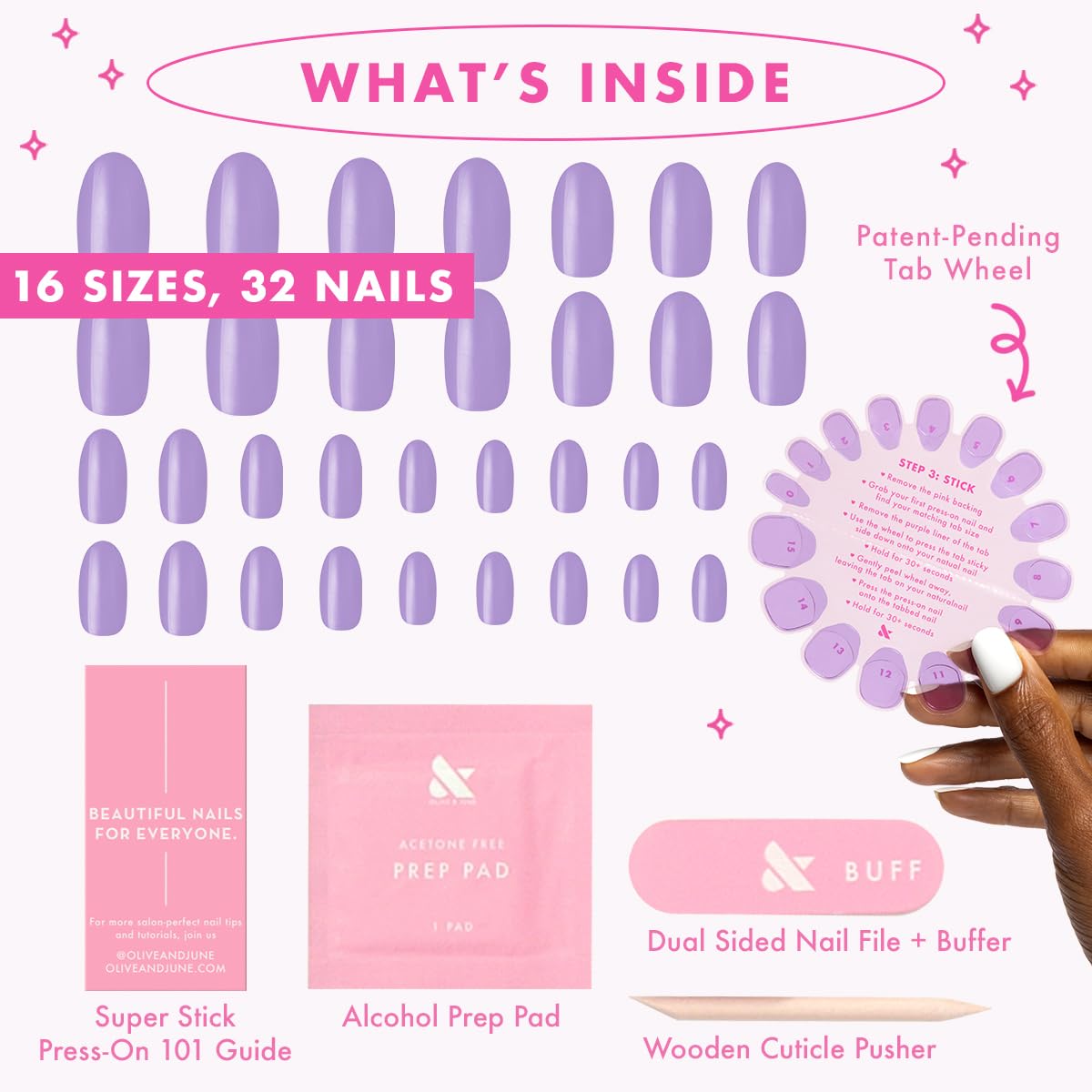 Olive & June Classic Super Stick Mani Press On Nails | No Glue Needed | 32 Tab Nails 16 Sizes | Non-Toxic Tabs Easy On-Off Non-Damaging Realist Look | 7-Day Wear | Medium, Oval | Prairie Lavender