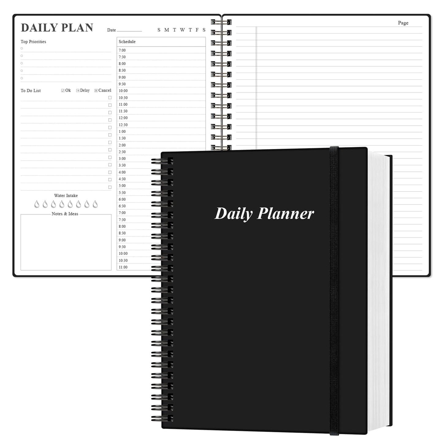 Daily Planner Undated - A4 To Do List Notebook Hourly Schedules, Spiral Appointment Planner for Women and Men,PVC Hardcover, Inner Pocket, Elastic Closure, 8.5" x 11", Black
