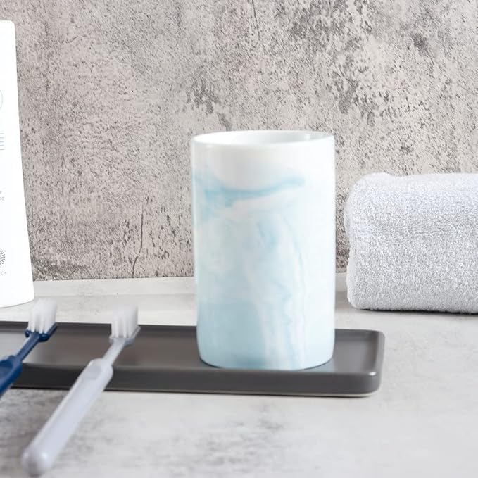 Ceramic Toothbrush Holder, Bathroom Cup, Drinking Mug, Coffee Cups, Marble Pattern Pen Holders, 300ml/Pcs (Blue)