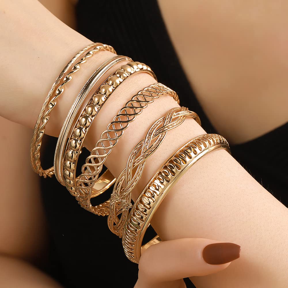 RINTOLER Vintage Hollow Pattern Gold Bangle Bracelet for Women - Bohemian Multi layered Stackable Texture Gold Bracelet Set Jewelry