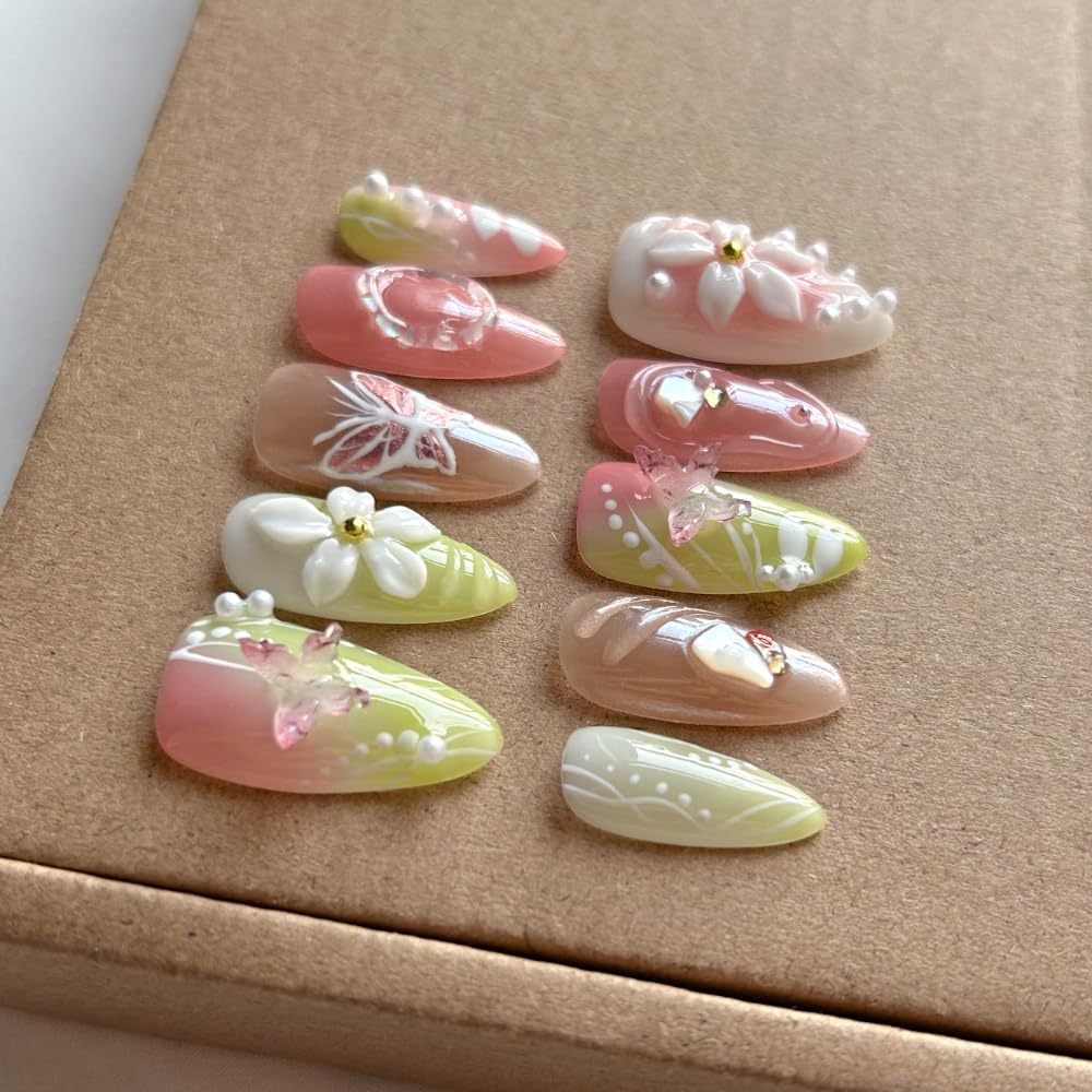 Press On Nails Medium Almond Shape - 3D Handmade Acrylic Gel Fake Nails with Glitter Designs, Reusable Thick Almond Nails for Women DIY Manicure Kit (10PCS, L Size, Easy Application)