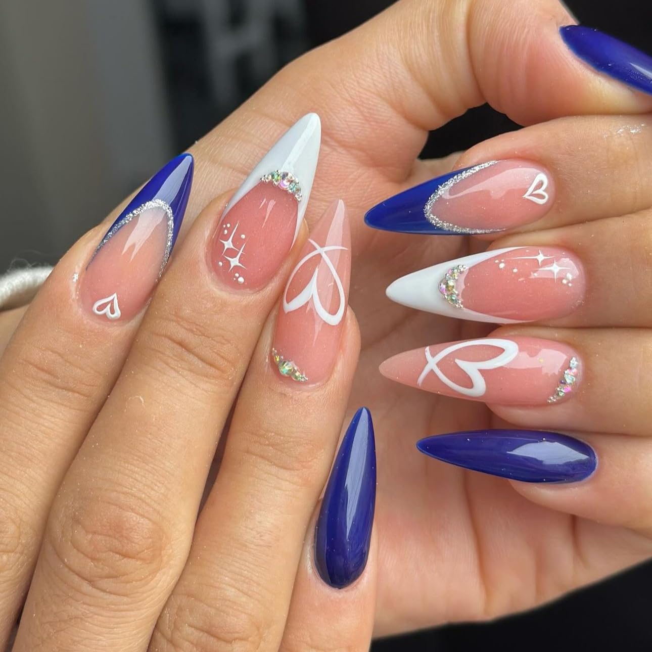 LPOODDNU Press on Nails Almond Medium - Blue French Tip Fake Nails with Heart&Diamond Designs, Glossy Finished Reusable False Nails with Double Adhesive Glue Tabs - 24Pcs Nail Kit for Women Manicure