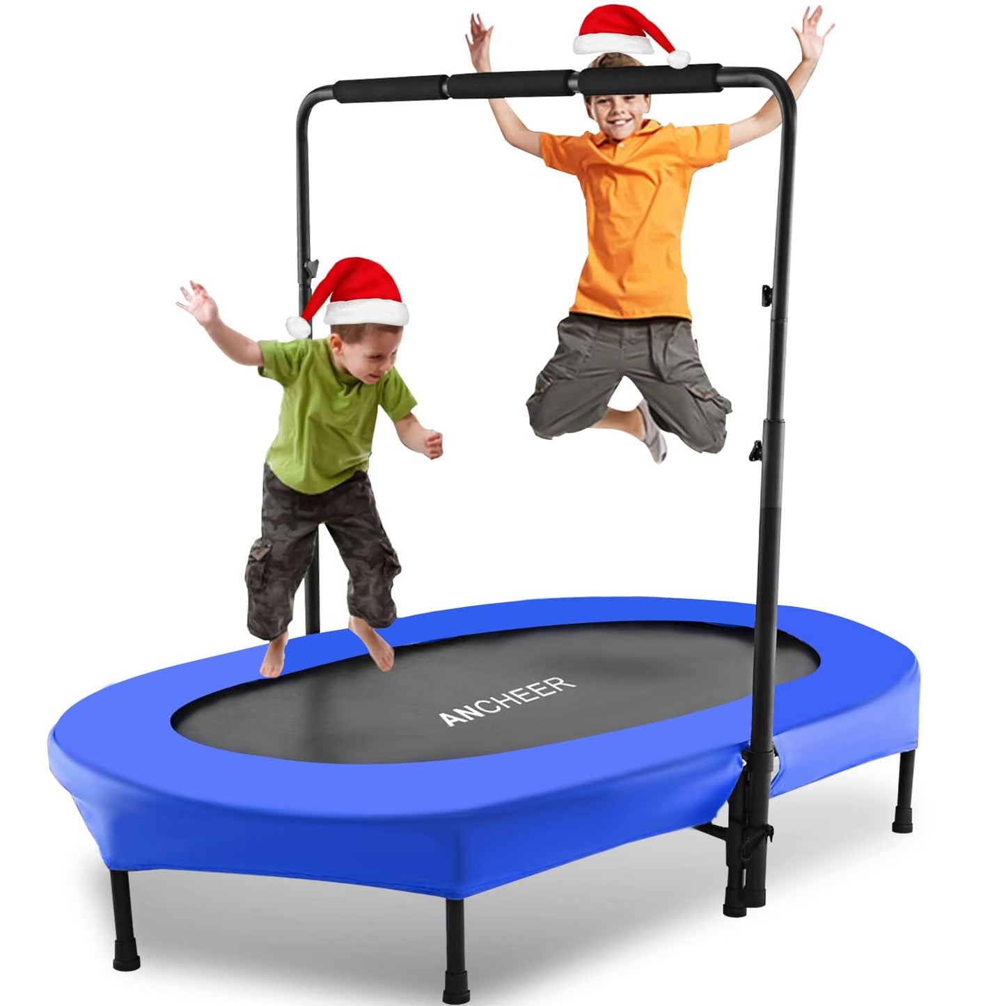ANCHEER Trampoline for Kids, 56" Double Toddler Trampoline with Adjustable Handlebar, 220LBS Weight Capacity - Indoor/Outdoor Foldable Jumper for 2+ Users (ASTM Certified)