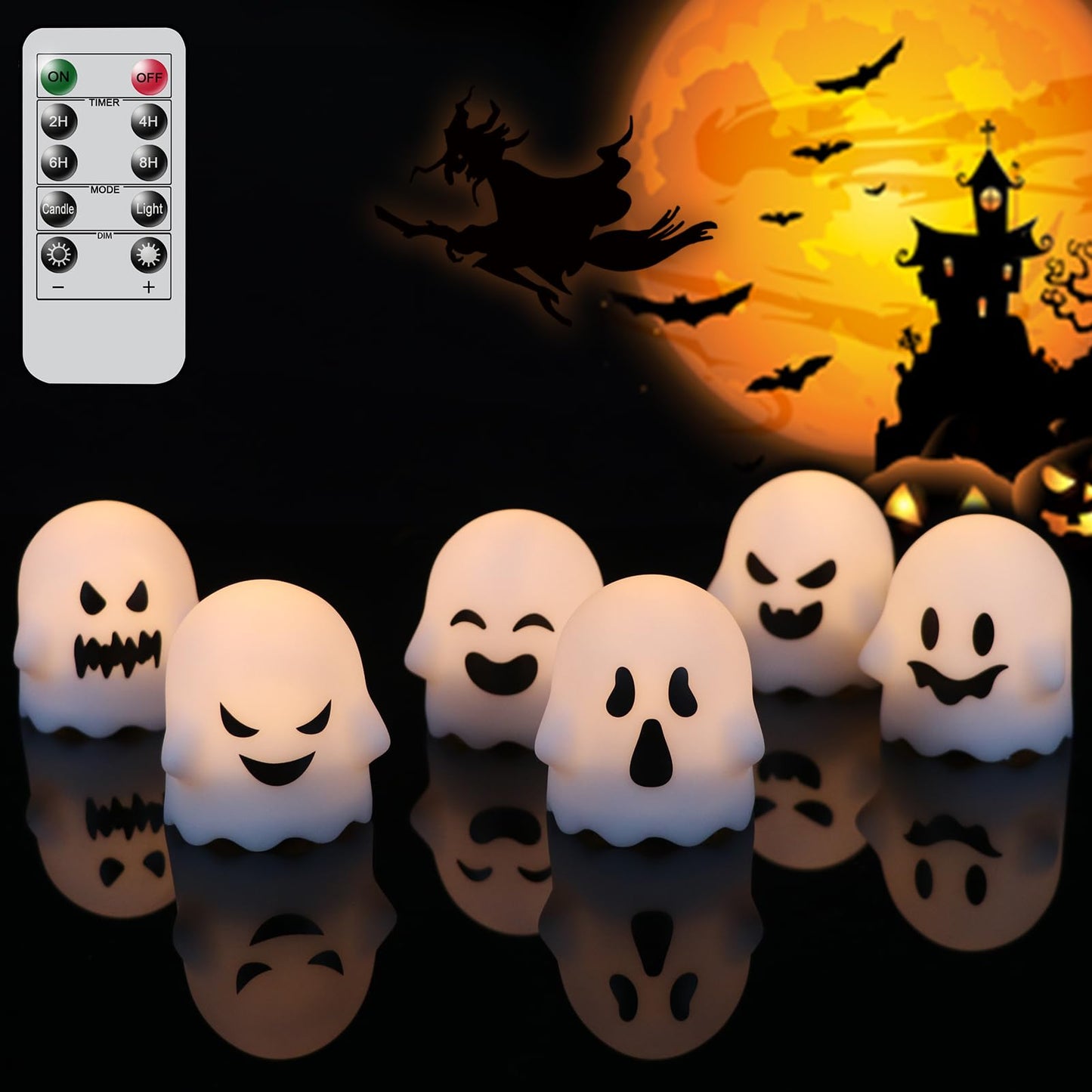 Lasumora Ghost Halloween Decorations Flameless Candles with Remote Timer, 6 Pack Grimace Ghost Candles, Battery Operated Halloween Lights Dimmable Halloween Decor Indoor