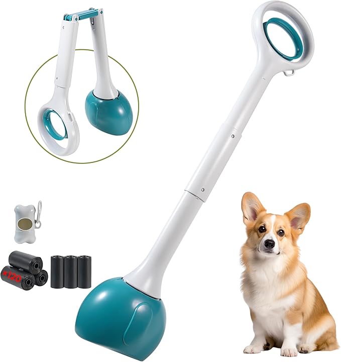 NYEONHRT Dog Pooper Scooper Portable with Bag Attachment, One Handed Foldable Design, Includes 120 Waste Bags and Dispenser, 19 Inch Handle for Grass Yard Gravel Cleanup (Purple)