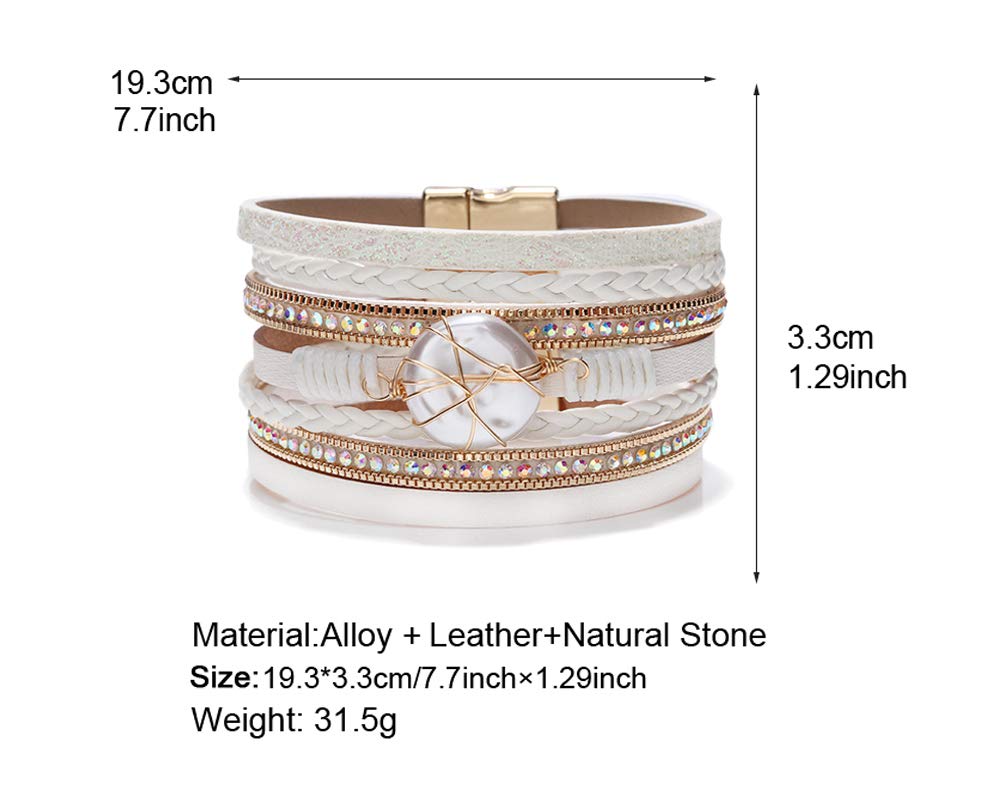 Leopard Bracelet for Women, Boho Leather Wrap Multi-Layer Pearl Crystal Bracelet Bangle Jewelry(Round Pearl(White))