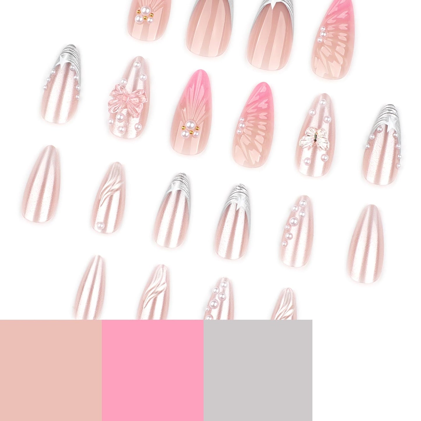 Silver French Press On Nails Medium Almond Fake Nail With Pearls Butterfly Design Nail Press Ons Star Bow Glue On Nails Pink Glossy False Acrylic Nails For Women