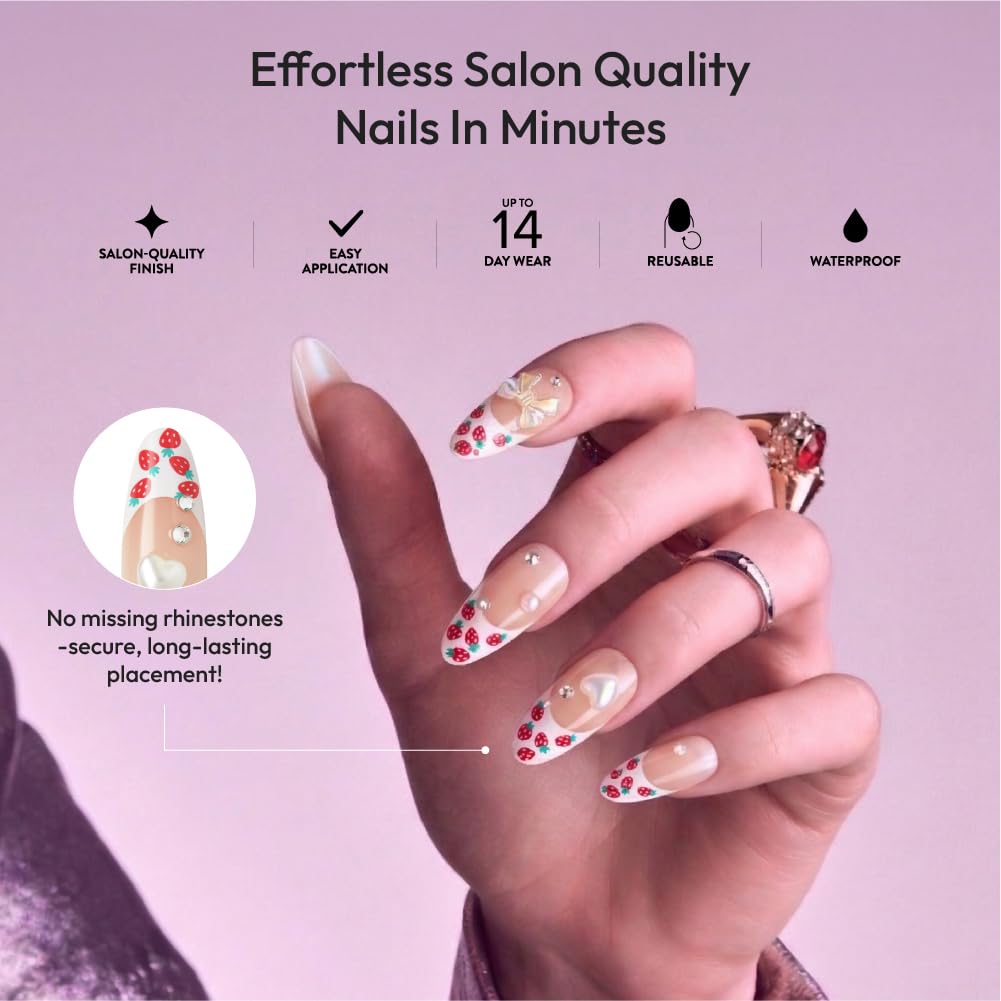 Glitzy 3D Handmade Press On Nail Kit, Rhinestone Strawberry French Tip Long Almond False Nail, Reusable & Lasts Up To 2 Weeks, Seamless Snug Fit Technology, Includes Glue, File & 28Pcs Manicure Set
