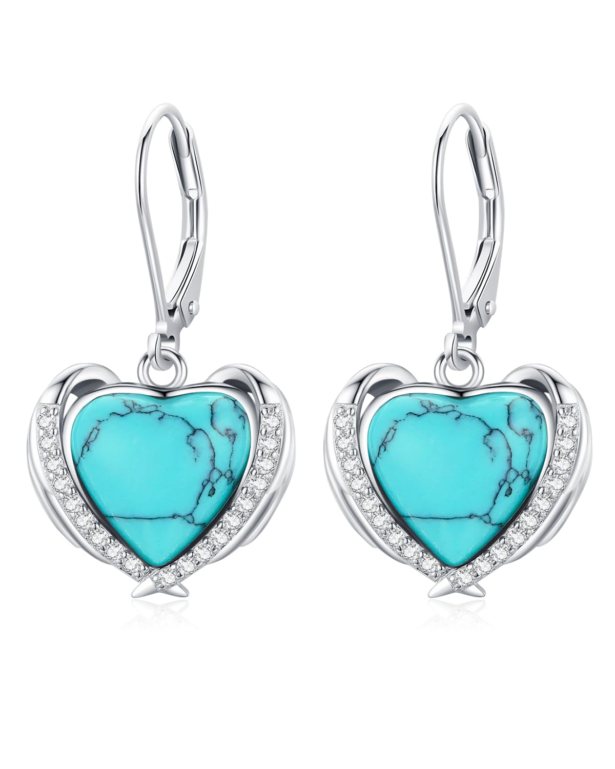 BDL Angel Wing Heart Genuine Turquoise Leverback Earrings Sterling Silver Dangle Drop Jewelry for Women