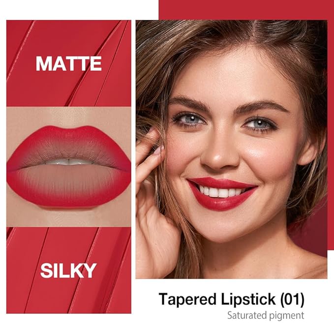 evpct Fire Red Gradient Matte Lipstick Lip Liner Crayon Combo Pencil Set for Women Long Lasting Waterproof, Red Matte Cream Lip Liner and Lipstick Combo Makeup Set, Flawless Gradual Ombre Effect