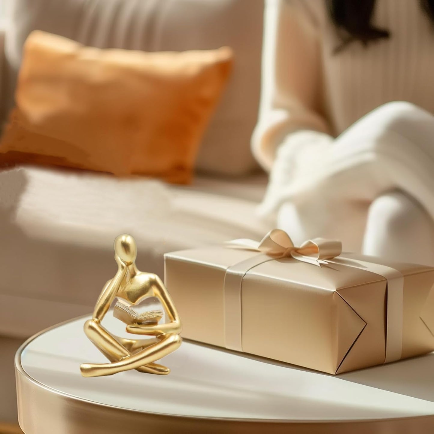 Prettidecor Thinker Statue Set of 2, Abstract Art Reading Sculpture Figurine, Modern Aesthetic Home Decoration for Living Room Bedroom Office Shelves Coffee Table Desk Bookshelf Decor (Gold)