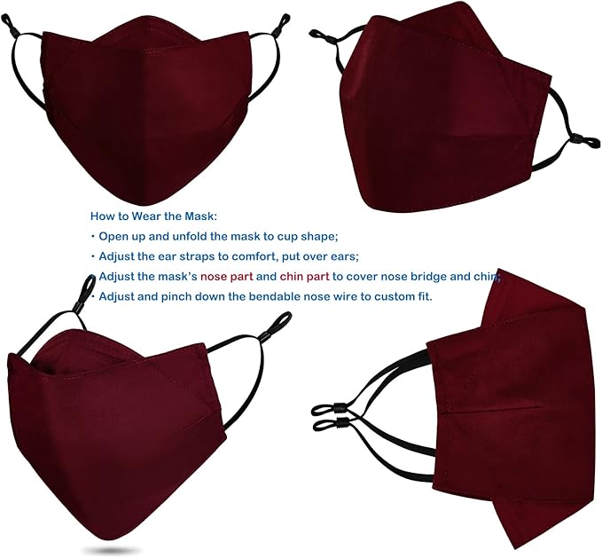 3-Ply Cloth Face Mask Reusable Washable, Organic Cotton Face Masks Nose Wire Filter Pocket Adjustable Ear Loops, Pack of 3 No Fog/Dust for Unisex Adult (1 Blue+1 Burgundy+1 Gray)