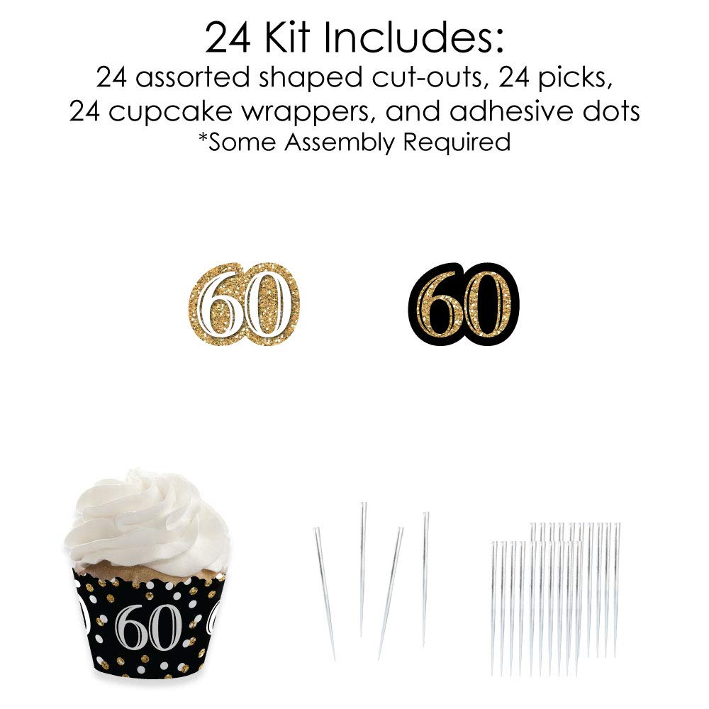 Big Dot of Happiness Adult 60th Birthday - Gold - Cupcake Decoration - Birthday Party Wrappers and Treat Picks Kit - Set of 24