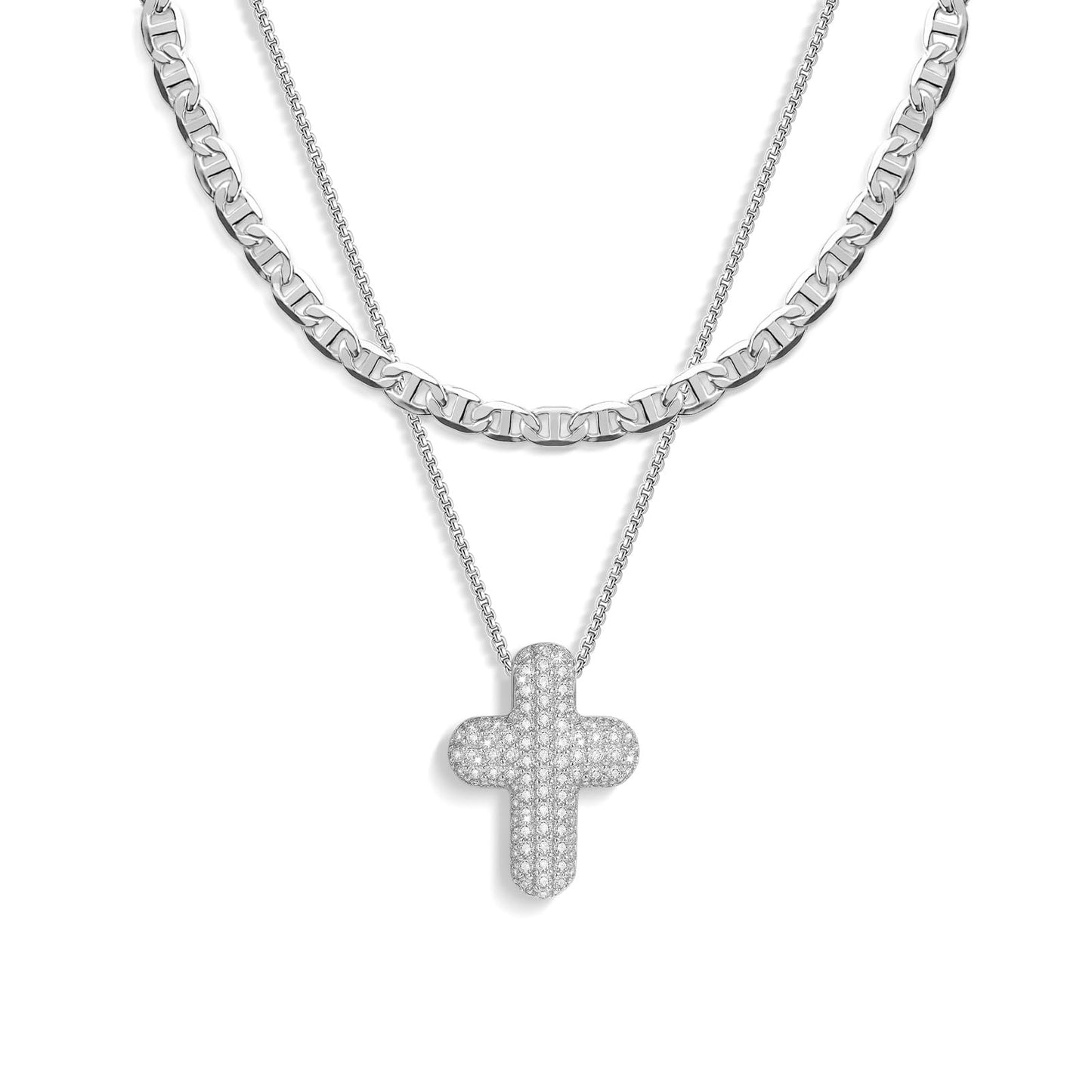 OGD Layered Silver Necklace for Women Silver Plated Cross Necklaces for Women Stackable Stacked Stacking Dainty Silver Necklace Mariner Chain CZ Cross Pendant Necklaces Set Simple Jewelry Gift