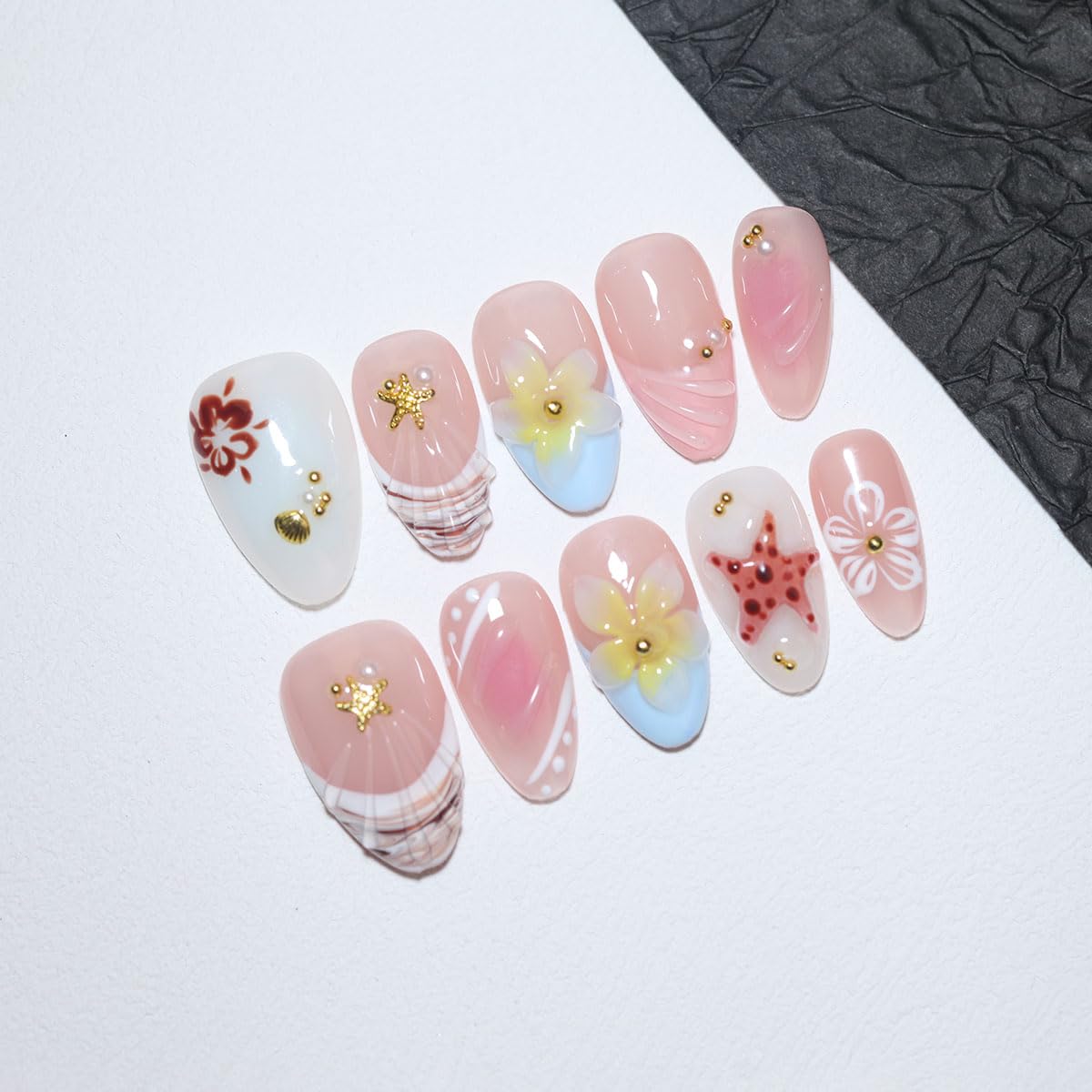 10Pcs Short Almond Handmade Press On Nails | Easy Apply & Remove, Reusable Salon Quality Nails | Fresh Nude Pink Fake Nails with 3D Floral, Starfish & Seashell Accents (RR08, S)