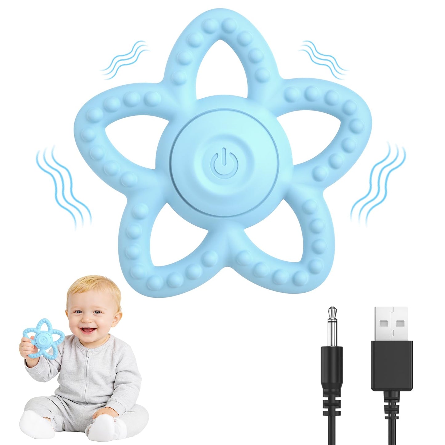 Vibrating Sensory Chew Toy - Dual Use Teethers for Babies 3-6 Months/6-18 Months & Autism Chew Toys, Baby Teething Toys with 3 Vibration Modes, Sensory Toys for Kids with Autism (Blue)