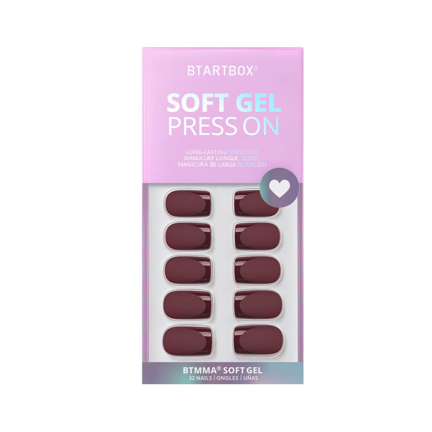 BTArtbox Press on Nails Short Square - Dark Red Nails with Glossy French Tips in a Matte Finish, Soft Gel Fake Nails Glue On Nails in 16 Sizes, Cozy Cocoa