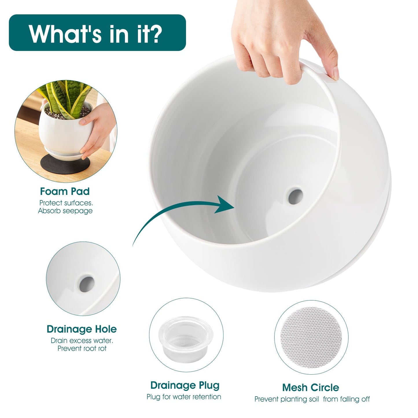 vancasso 3-Pack Ceramic Plant Pots, 3.7/4.8/6.2 Inch Indoor Planters with Saucers & Drainage Hole Planter pots for Indoor Plants and Flower, White