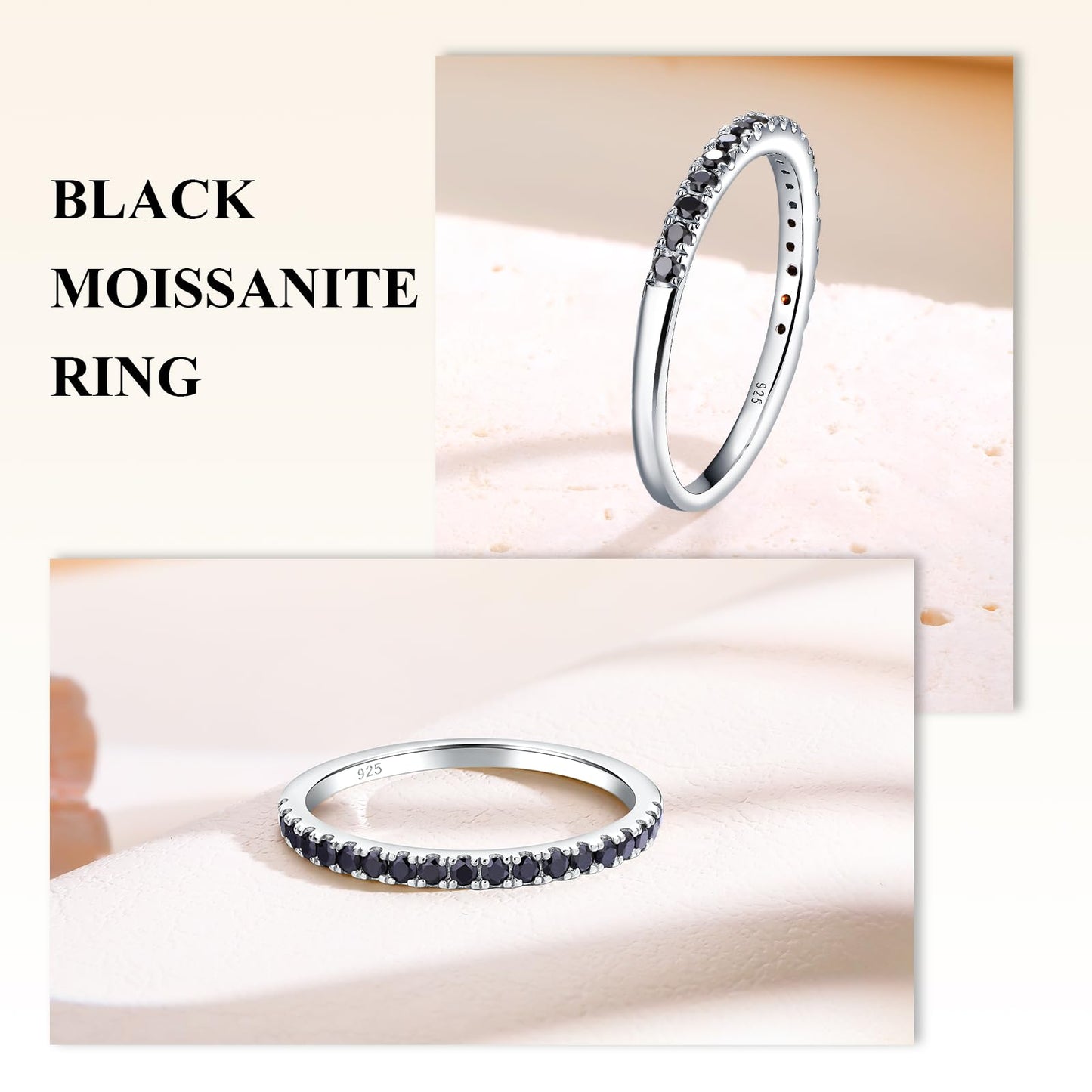 Black Moissanite Ring Men Women Created Diamond Wedding Rings Half Eternity Band Rings 0.25 Cttw Stackable Ring Size 7